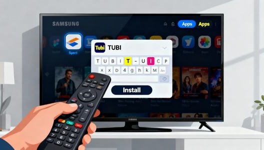 Smart TV home screen showing the Apps menu highlighted, a search box with “TUBI” typed in, and the Tubi app icon appearing with an Install button, with a remote pointed at the screen.