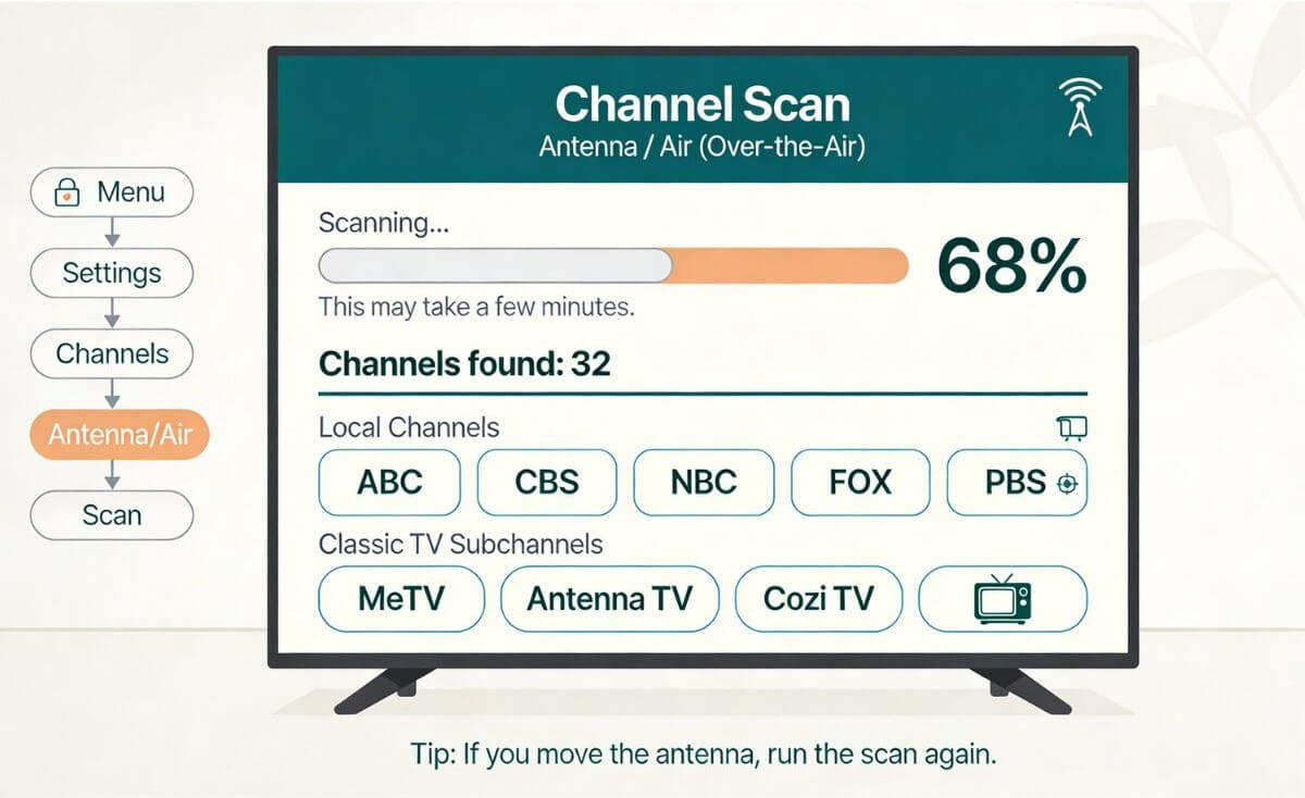 Illustration of a TV channel scan in progress showing channels found and example local and classic TV subchannels.