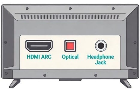 Back of a TV showing HDMI ARC, Optical, and headphone audio ports used to connect a soundbar.