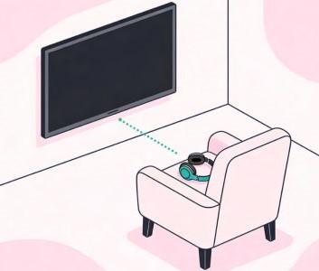 Illustration showing a TV connected directly to headphones on a chair without room sound.