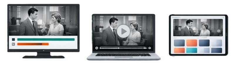 The same classic TV show shown on a TV, laptop, and tablet to illustrate different ways to watch