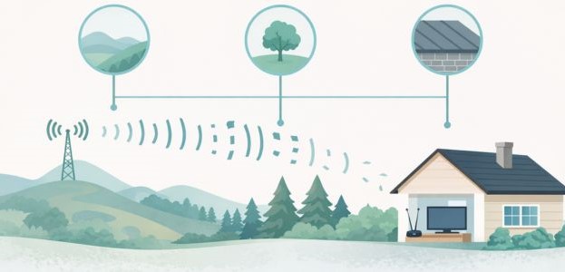 Illustration showing TV signal fading from distant broadcast towers before reaching a rural house with an indoor antenna.