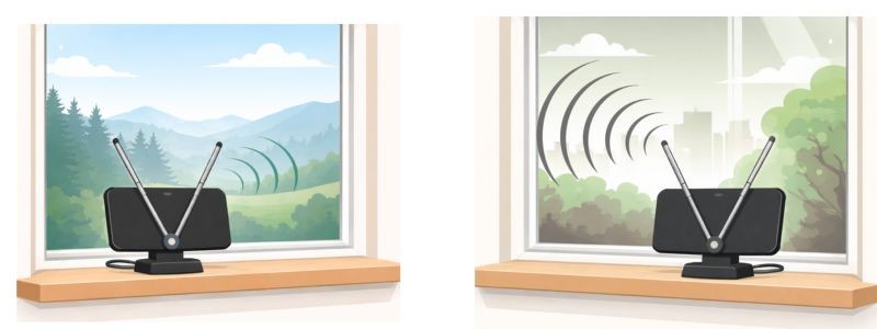 Illustration showing the same indoor TV antenna placed in two different windows, receiving strong signal in one position and weak signal in the other.