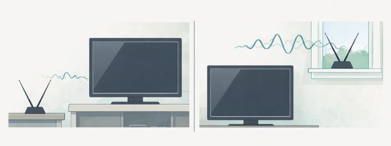 Illustration comparing poor indoor antenna placement with improved placement near a window.