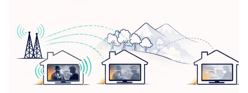 Different homes receiving strong and weak TV antenna signals from broadcast tower