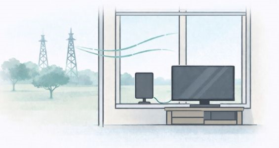 Illustration showing an indoor TV antenna near a window receiving signals from nearby broadcast towers.