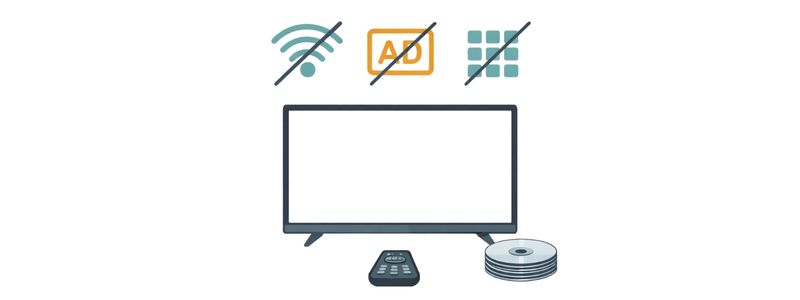 Illustration showing a TV with icons indicating no internet, no ads, and no app menus.