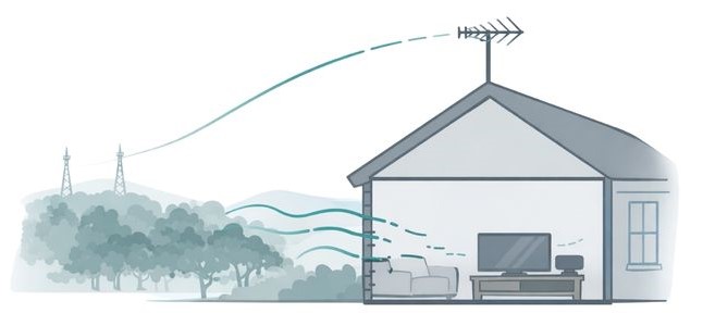 Illustration showing an outdoor TV antenna receiving stronger signals due to height and clear line of sight.
