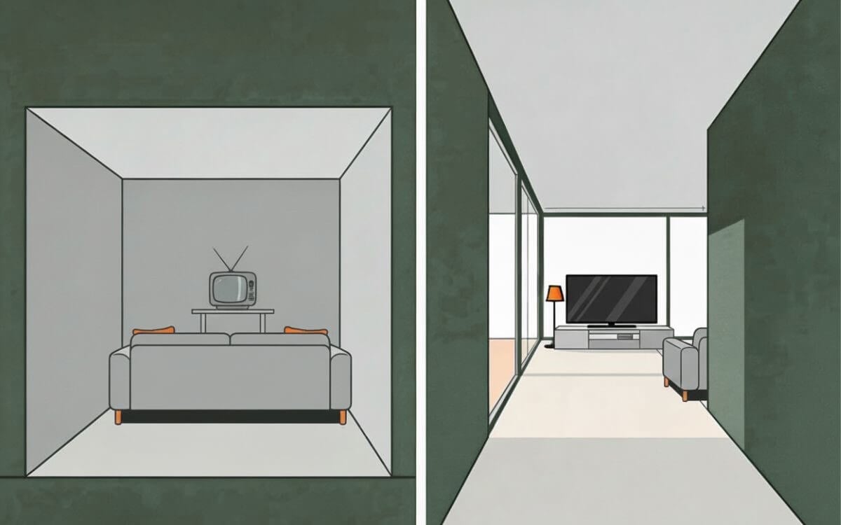 Comparison of smaller classic living rooms and modern open spaces