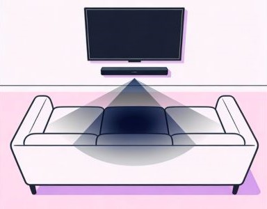 Illustration showing a TV with a soundbar and a sofa covered by a highlighted listening area that is strongest in the center and fades toward the sides.