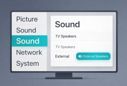 TV sound settings menu showing external speakers selected instead of TV speakers.