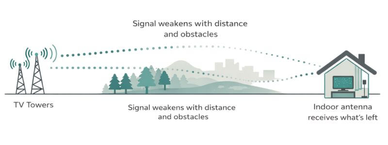 Illustration showing TV signals weakening as they travel from broadcast towers through trees and hills before reaching an indoor antenna.