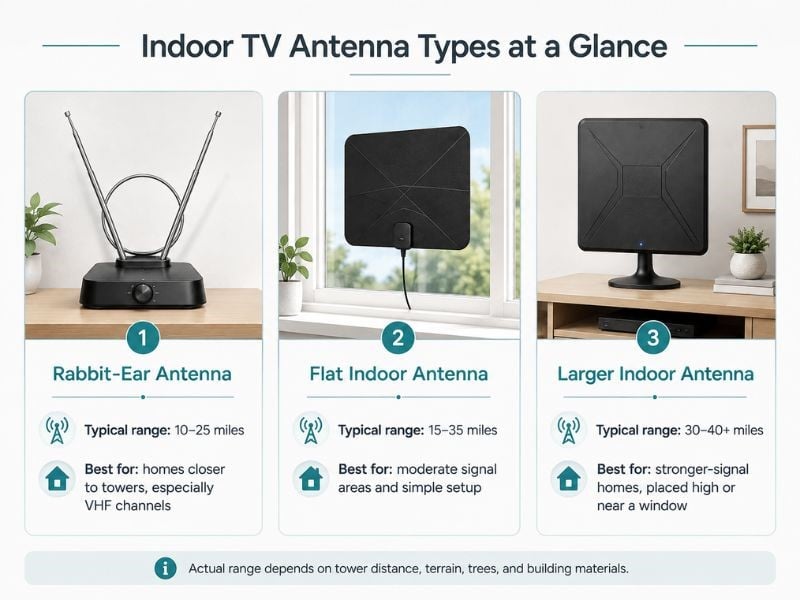 Indoor TV antenna types showing rabbit-ear, flat, and larger indoor antennas with typical range estimates.
