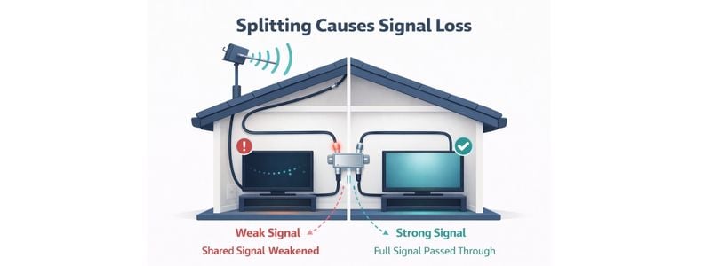 TV antenna signal splitting diagram showing one television receiving strong reception while another receives weak signal through a splitter