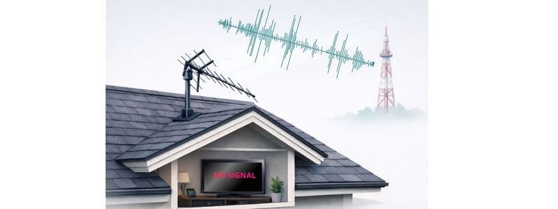 Roof-mounted outdoor TV antenna misaligned with broadcast tower signals demonstrating reception loss after storm or wind movement.