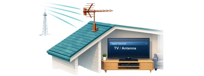 Outdoor TV antenna setup with television set to TV / Antenna input source for over-the-air channel reception.
