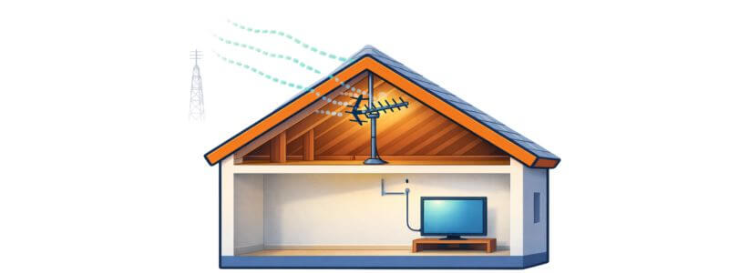 Attic TV antenna connected by coax cable to a television below, showing how signals weaken as they pass through the roof.