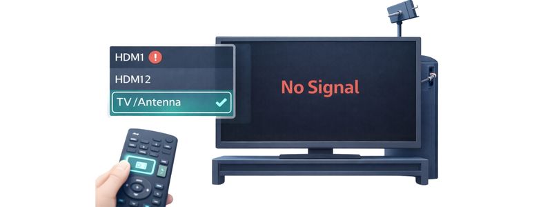 TV showing no signal message while antenna is properly connected illustrating incorrect input selection