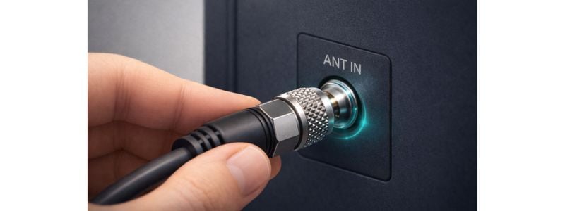 Close-up of coax cable securely connected to TV antenna input showing tight connector and correctly aligned center pin.