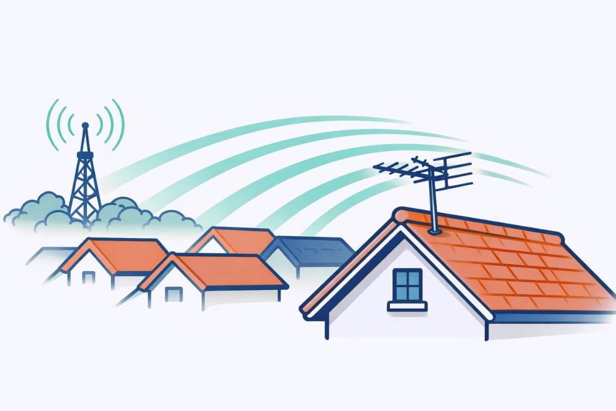 Outdoor TV antenna mounted on a roof showing how high an outdoor TV antenna needs to be for best reception