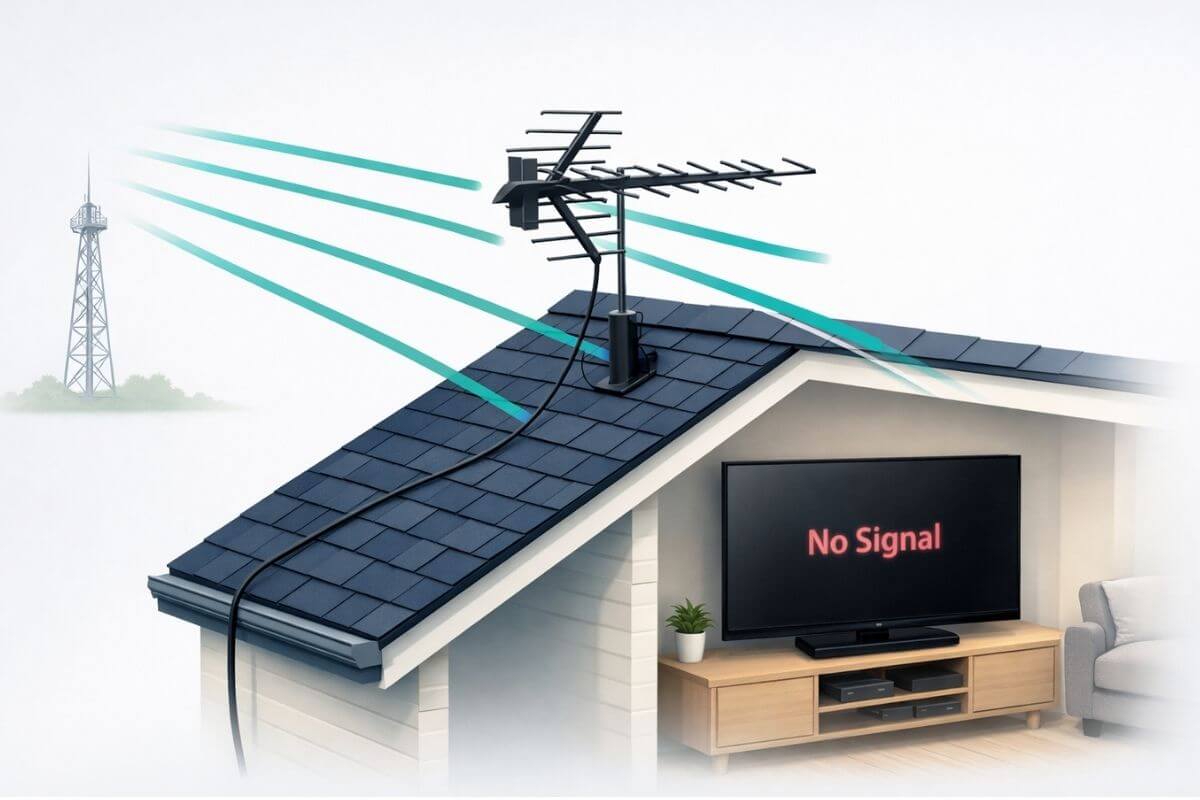 Outdoor antenna not working creating a no-signal message indoors.
