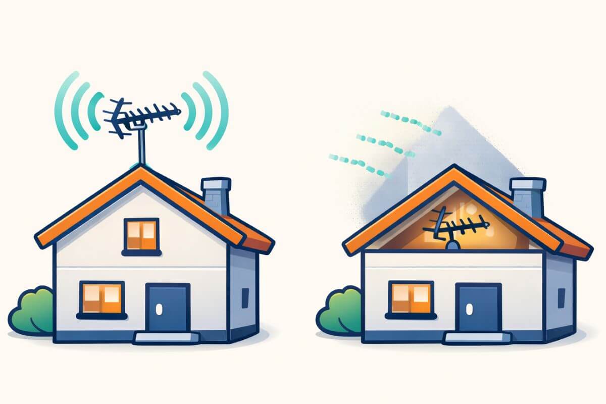 Outdoor TV antenna compared to attic TV antenna showing signal strength difference