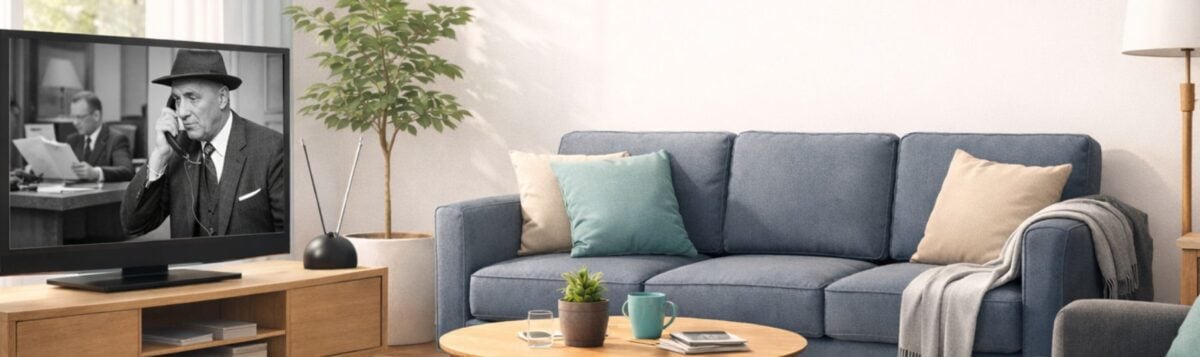 Living room TV playing black-and-white classic 1960s and 1970s television with indoor antenna for watching free TV without cable