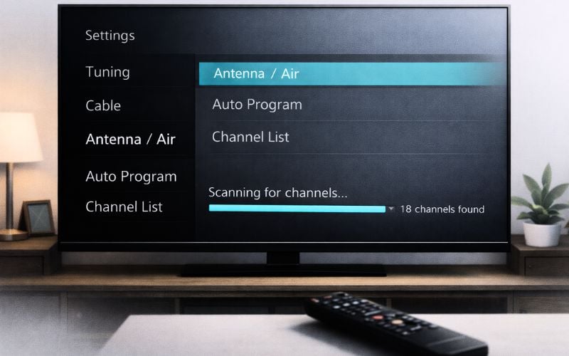 TV settings menu showing Auto Program channel scan in progress after selecting Antenna Air input.