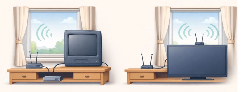 Older TV connected through a small adapter box versus a newer TV connected directly to an antenna.