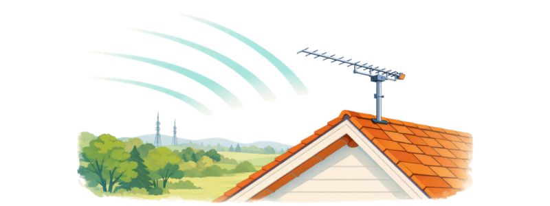 Outdoor TV antenna mounted above roofline receiving strong broadcast signals.