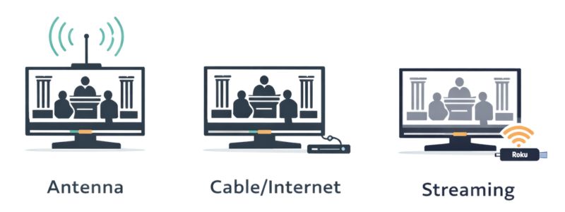 Three ways to watch TV: with an antenna, with a cable box, or with a Roku streaming stick.