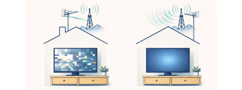 Comparison showing poor TV reception from misaligned outdoor antenna and clear reception when properly positioned