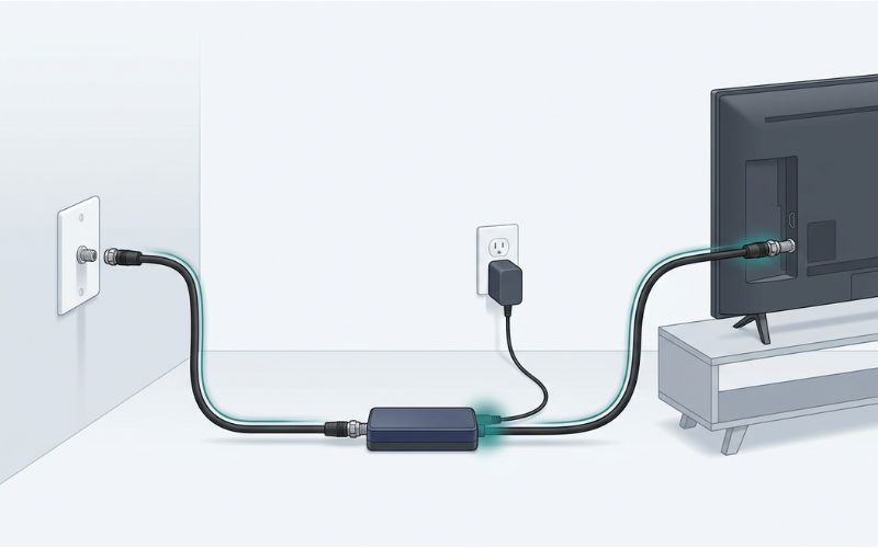 Indoor TV setup showing a small inline power inserter between the wall coax jack and the television, with a power adapter feeding the inserter so electricity travels up the coax to an outdoor antenna amplifier.