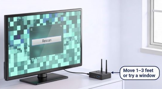Indoor TV antenna beside a TV with a pixelated screen, showing arrows that say “Move 1–3 feet,” “Try a window,” and “Rescan.”