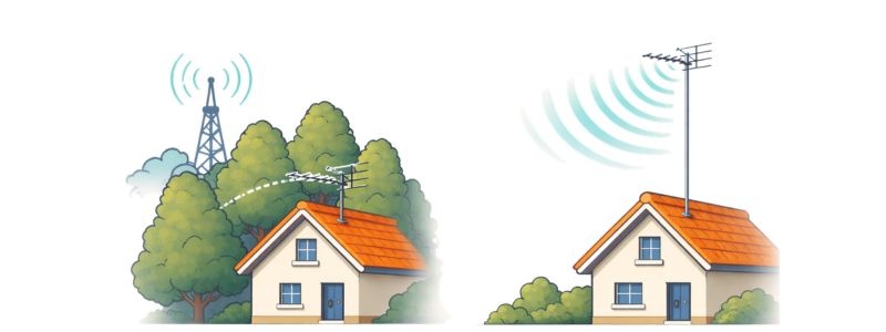 Comparison showing a low outdoor TV antenna blocked by trees and a higher antenna receiving clearer broadcast signals