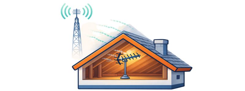 TV antenna installed inside an attic receiving weakened broadcast signals after passing through the roof.