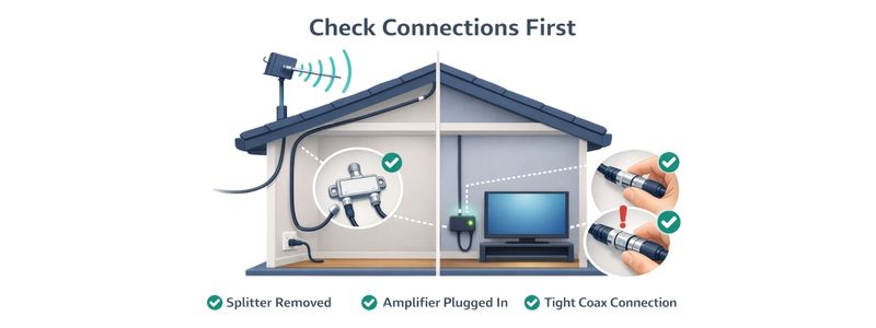 TV antenna troubleshooting diagram showing coax cable connection, amplifier power check, and direct TV test setup