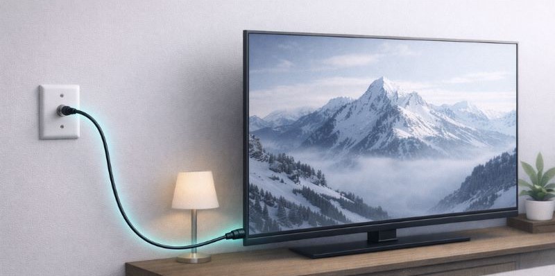 Single television connected directly to antenna wall plate using coax cable to test reception without signal splitter.