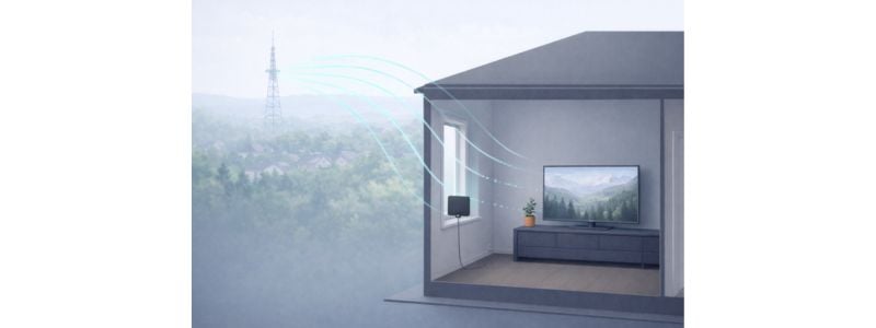 Illustration showing distant broadcast towers sending fading TV signals toward a house with an indoor antenna, demonstrating how distance affects television reception strength.