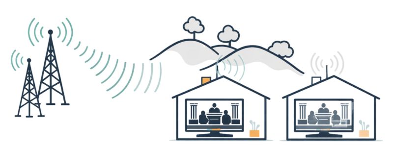 Two homes receiving TV signals from broadcast towers, with hills blocking the signal to one house but not the other.