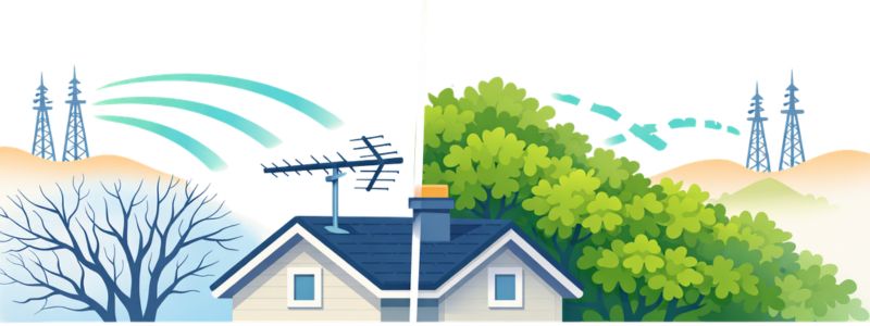 Outdoor TV antenna receiving weaker signal due to trees and dense summer foliage blocking broadcast transmission path.