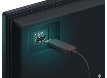 Close-up of older flat-screen TV HDMI port with streaming stick plugged in.