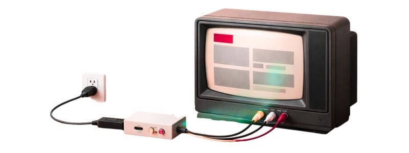 Streaming device connected to an older TV using red, white, and yellow RCA cables through an HDMI-to-AV converter.