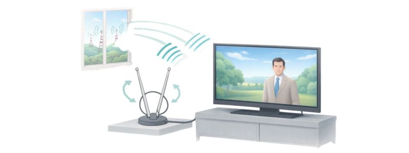 Indoor TV antenna being repositioned toward broadcast towers to improve signal.