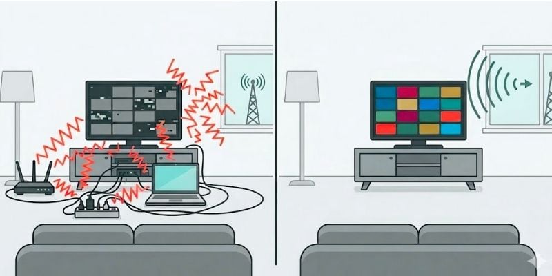 TV antenna interference diagram showing poor reception near electronics and improved signal when antenna is moved away.