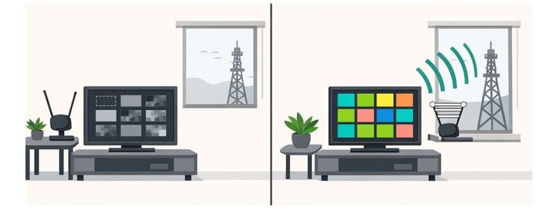 TV antenna interference diagram showing poor reception near electronics and improved signal when antenna is moved away.