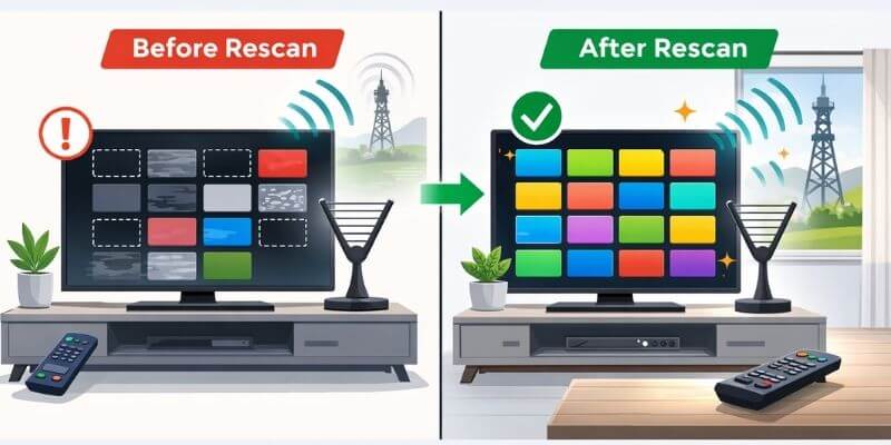 TV antenna rescan diagram showing missing channels before rescan and restored channels after rescanning.