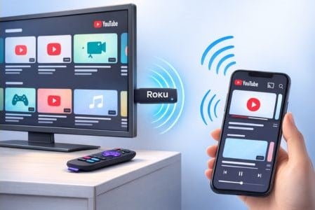 Phone casting a YouTube video to a Roku streaming stick connected to a TV.