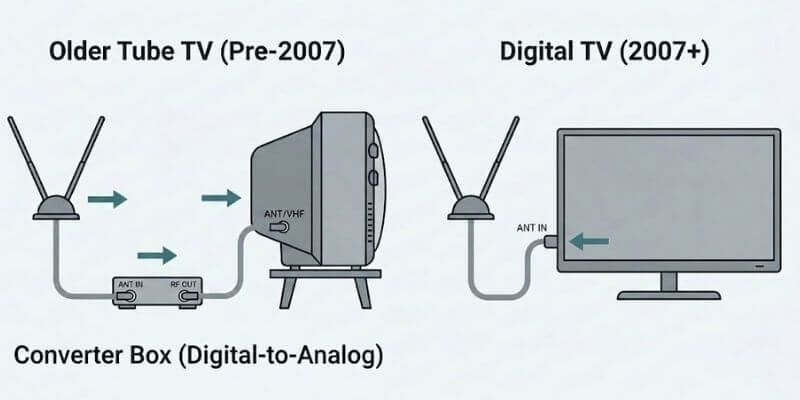 Older tube TVs need a digital converter box to receive antenna channels. Newer non-smart TVs made after about 2007 usually connect directly to the antenna.