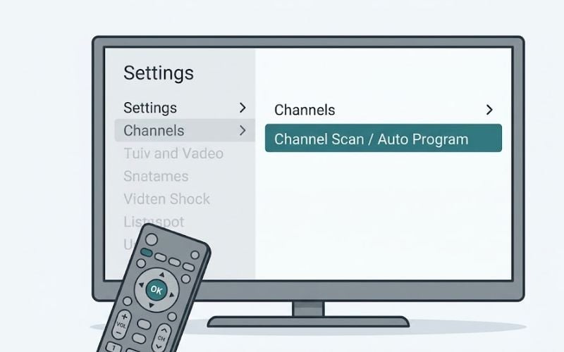 TV settings menu showing where to start a channel scan on a smart TV.